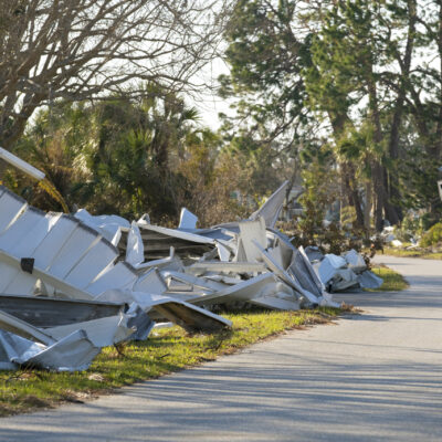 Metallic scrap rubbish on roadside from hurricane severely damaged houses in Florida residential area. Aftermath of natural disaster.